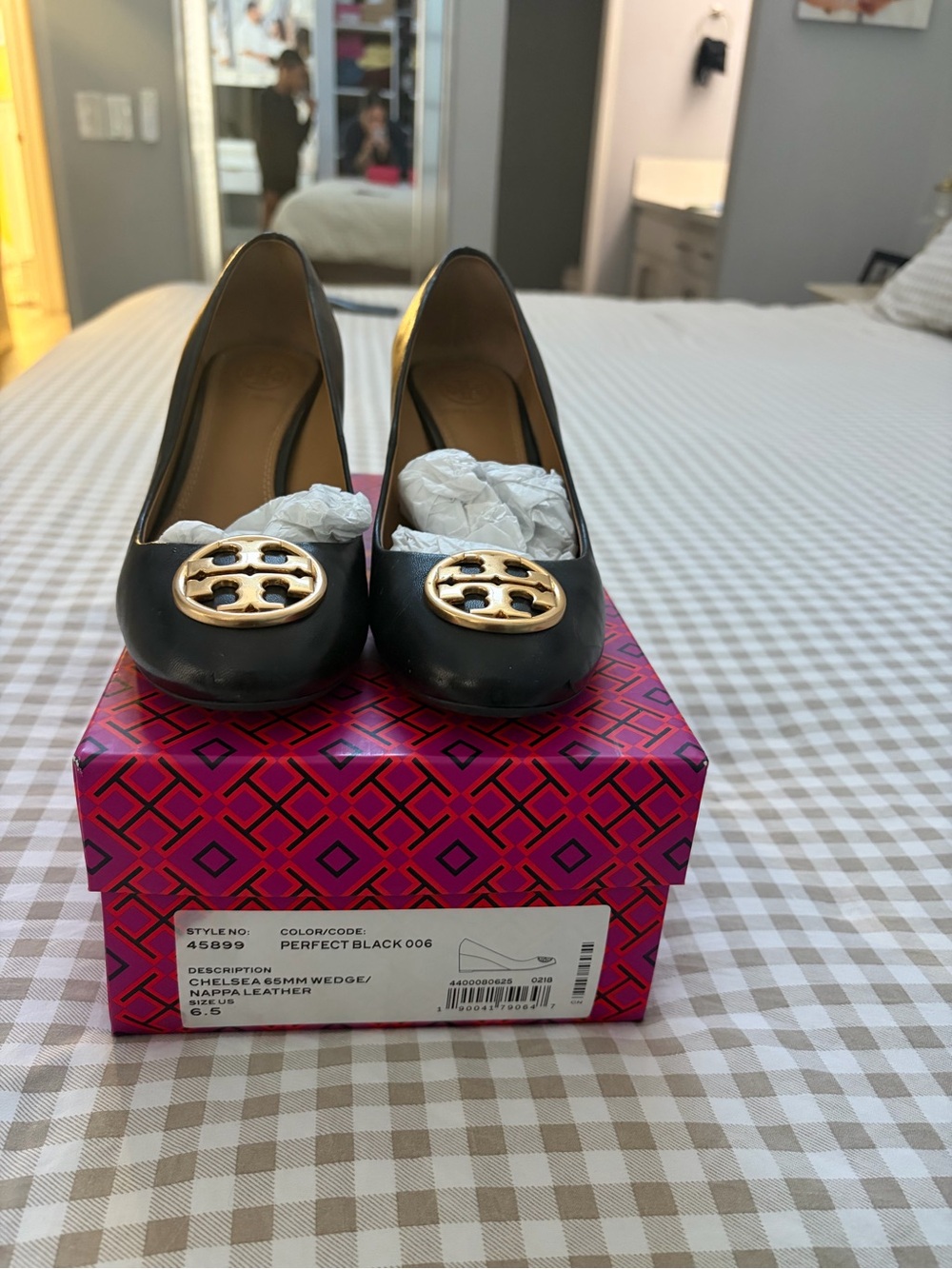 Tory Burch Black Leather Wedge Pumps with Gold Logo